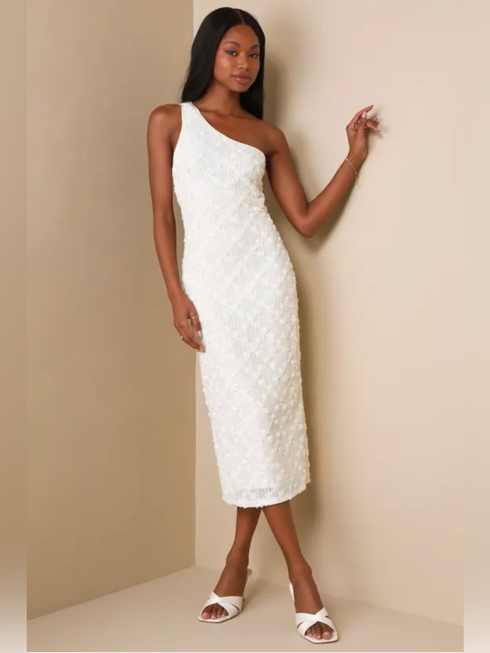 Truly Poised Ivory Textured 3D Floral One-Shoulder Midi Dress- Size Large NWT